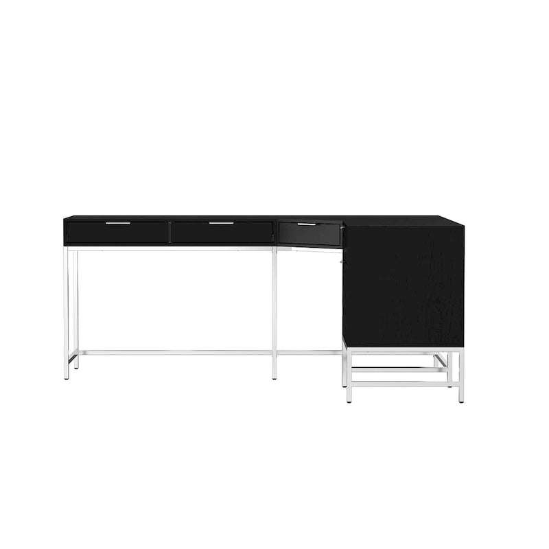 L-Shaped Black Wood Grain Office Desk with Drawers,Steel Frame, Modern Executive Workstation-6