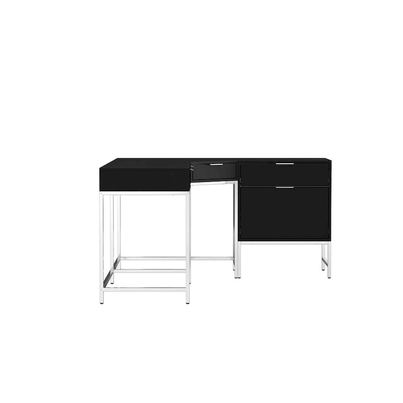 L-Shaped Black Wood Grain Office Desk with Drawers,Steel Frame, Modern Executive Workstation-7