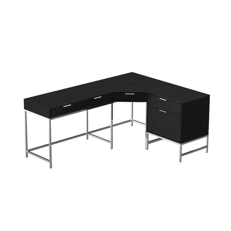 L-Shaped Black Wood Grain Office Desk with Drawers,Steel Frame, Modern Executive Workstation-8