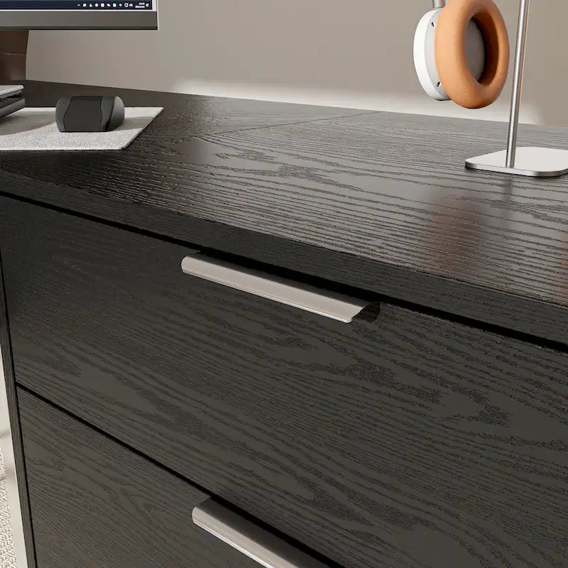 L-Shaped Black Wood Grain Office Desk with Drawers,Steel Frame, Modern Executive Workstation-9