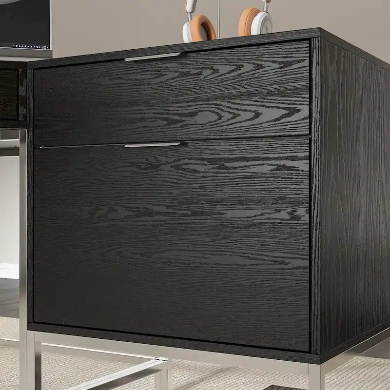 L-Shaped Black Wood Grain Office Desk with Drawers,Steel Frame, Modern Executive Workstation-10
