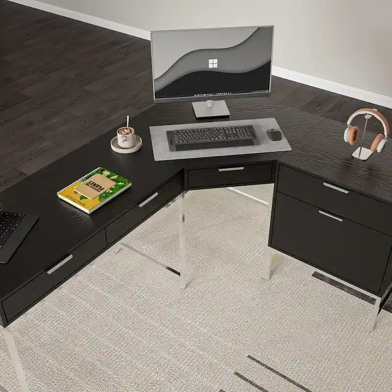 L-Shaped Black Wood Grain Office Desk with Drawers,Steel Frame, Modern Executive Workstation-11