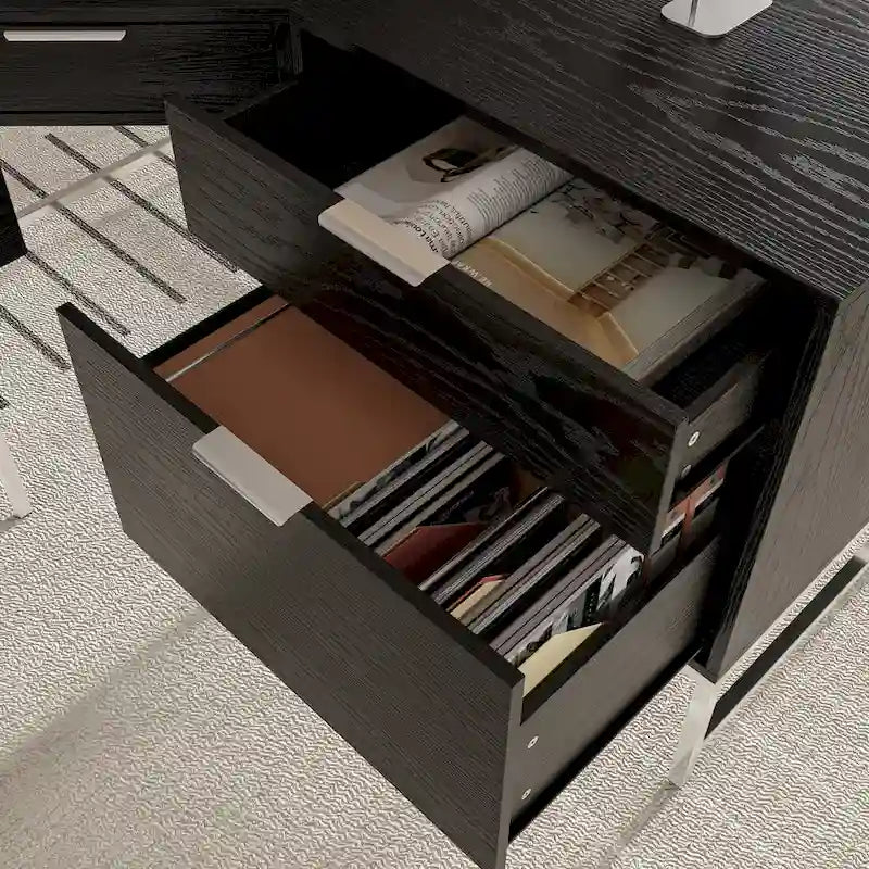 L-Shaped Black Wood Grain Office Desk with Drawers,Steel Frame, Modern Executive Workstation-13