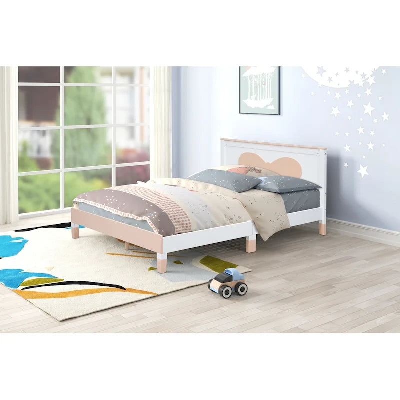 Queen Size Wood Platform Bed with Bow-shaped Pattern Headboard for Kids for Bedroom-8