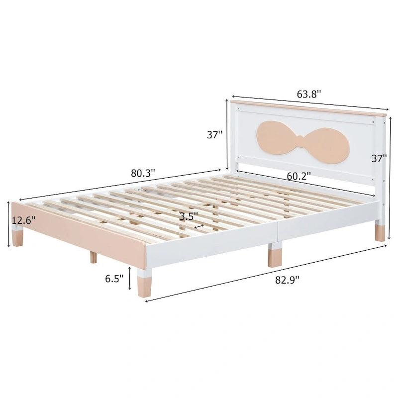Queen Size Wood Platform Bed with Bow-shaped Pattern Headboard for Kids for Bedroom-7
