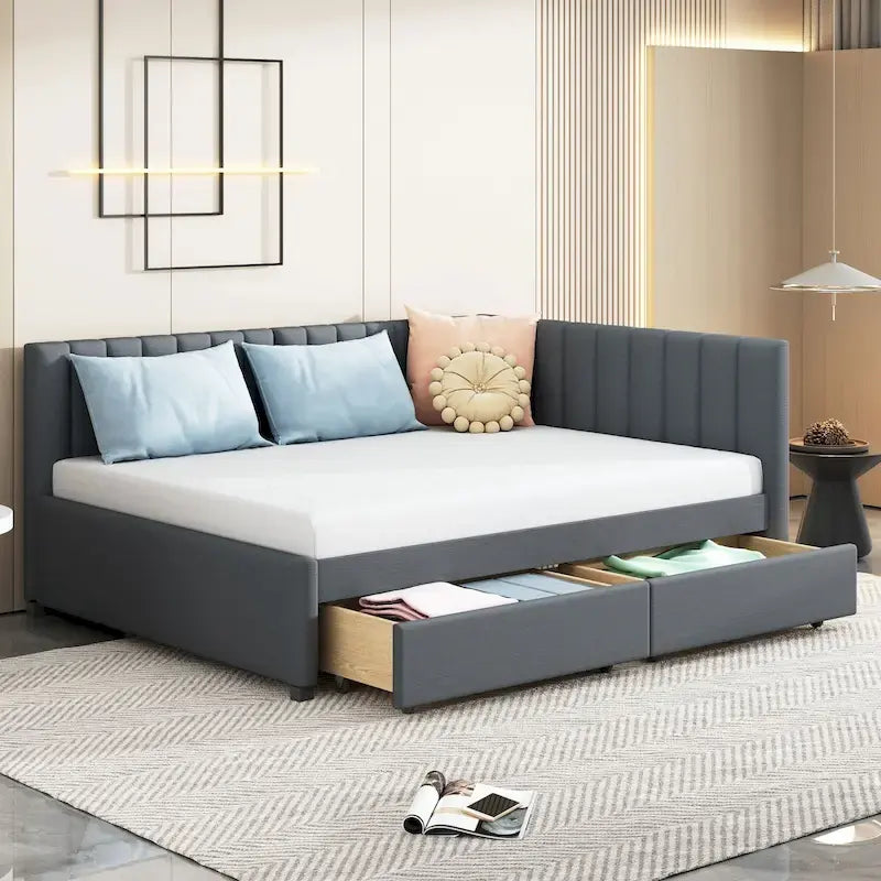 Gray Modern Full Size Upholstered Daybed with Two Storage Drawers for Bedroom-14