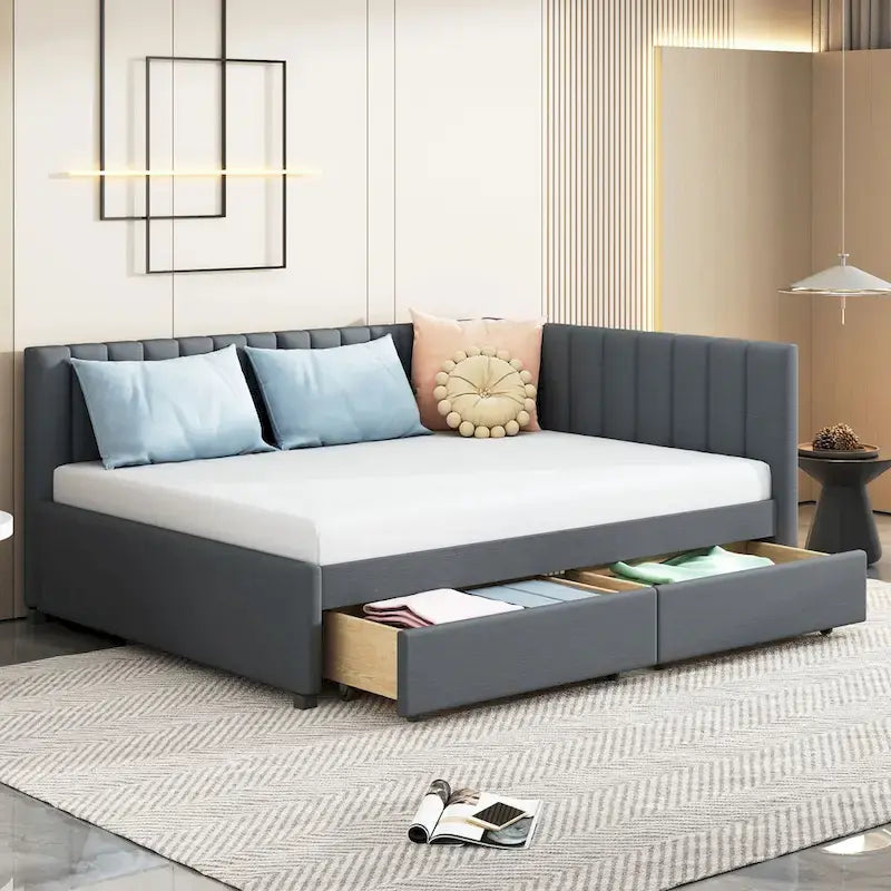 Gray Modern Full Size Upholstered Daybed with Two Storage Drawers for Bedroom