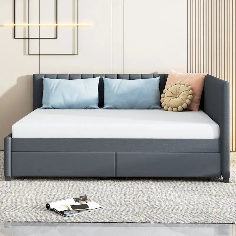 Gray Modern Full Size Upholstered Daybed with Two Storage Drawers for Bedroom-2