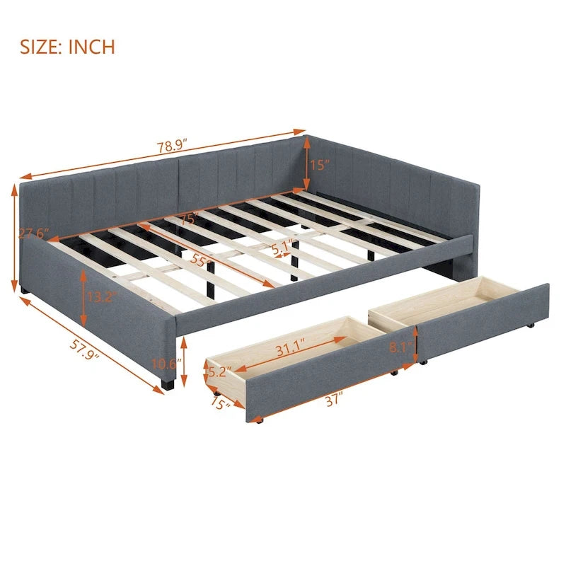 Gray Modern Full Size Upholstered Daybed with Two Storage Drawers for Bedroom-7
