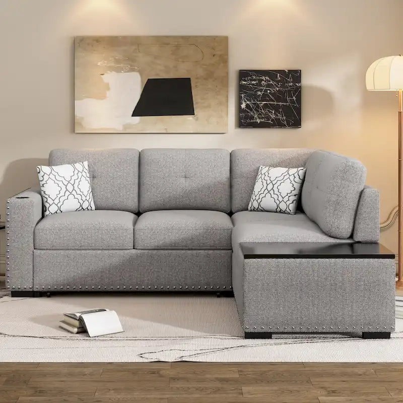 83.8 L-Shaped 4-Seat Sectional Sofa with Pull-Out Bed, Storage Chaise, USB Ports, Power Sockets, and Cup Holders-35