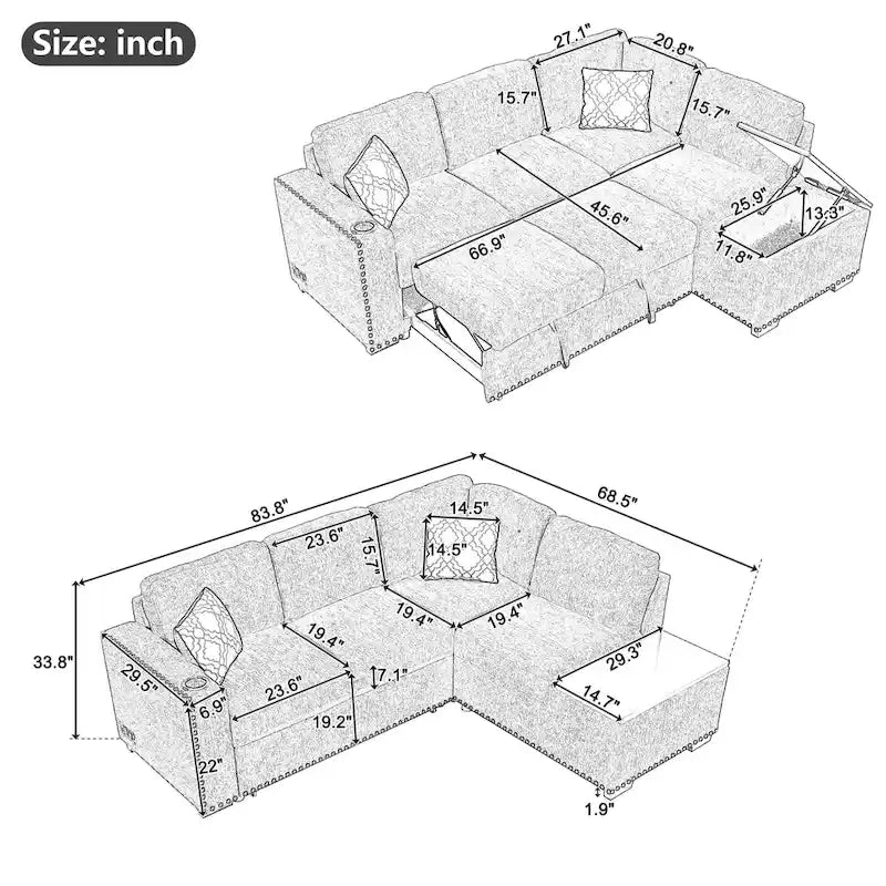 83.8 L-Shaped 4-Seat Sectional Sofa with Pull-Out Bed, Storage Chaise, USB Ports, Power Sockets, and Cup Holders-2