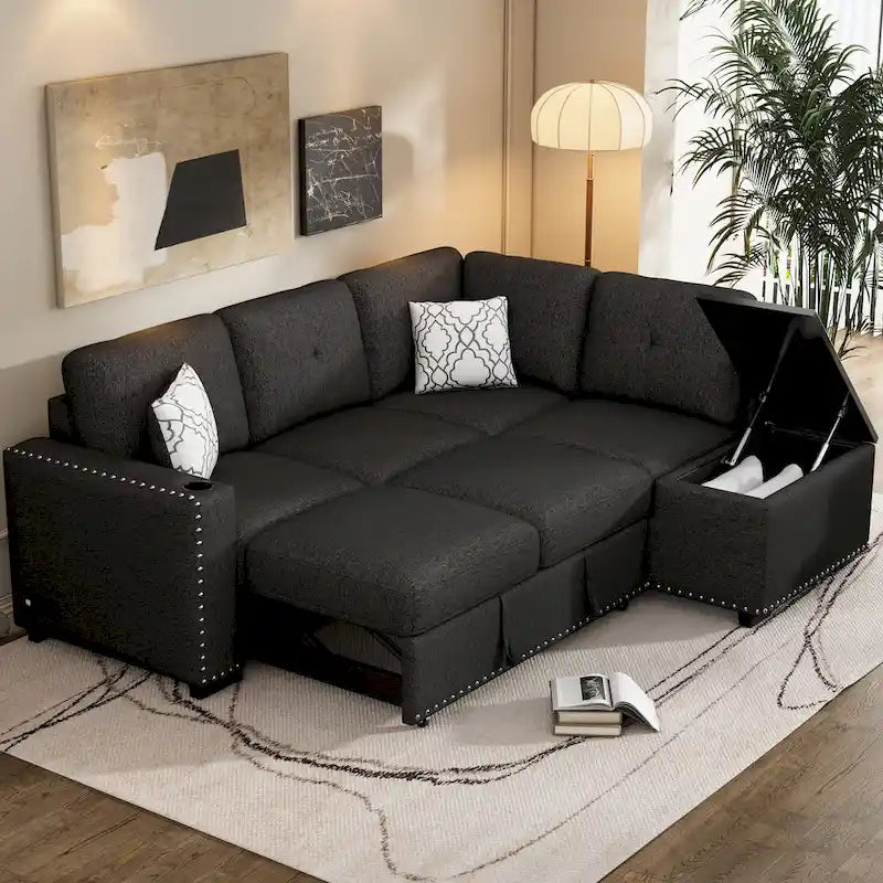 83.8 L-Shaped 4-Seat Sectional Sofa with Pull-Out Bed, Storage Chaise, USB Ports, Power Sockets, and Cup Holders-3