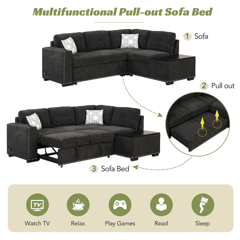 83.8 L-Shaped 4-Seat Sectional Sofa with Pull-Out Bed, Storage Chaise, USB Ports, Power Sockets, and Cup Holders-4