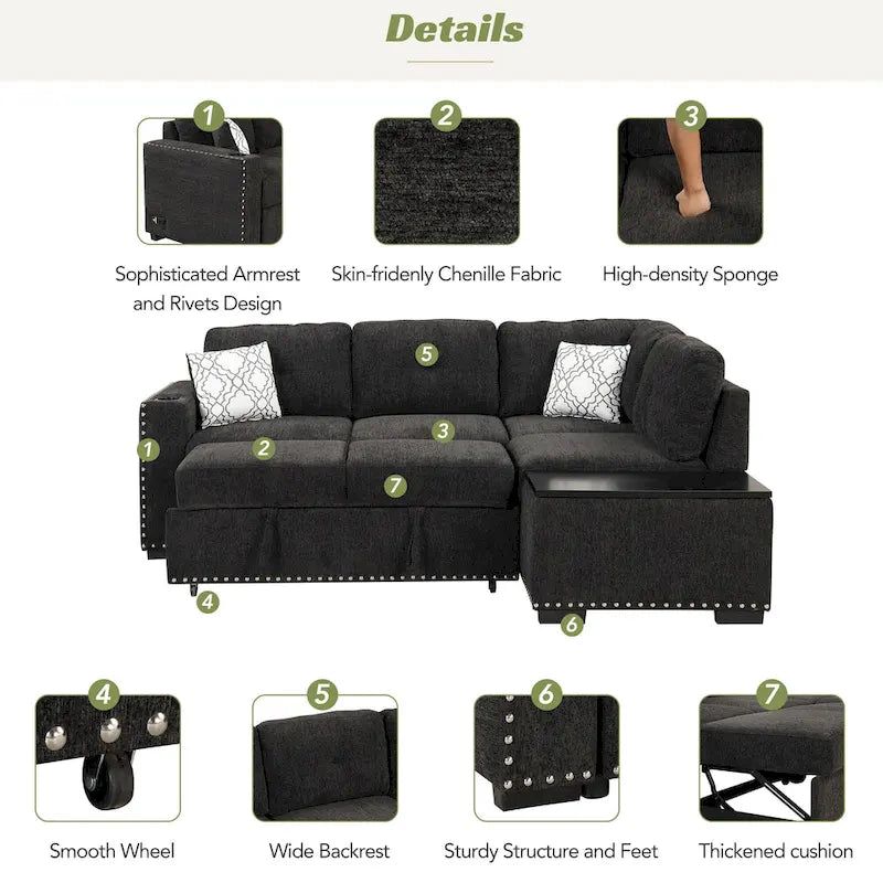 83.8 L-Shaped 4-Seat Sectional Sofa with Pull-Out Bed, Storage Chaise, USB Ports, Power Sockets, and Cup Holders-5