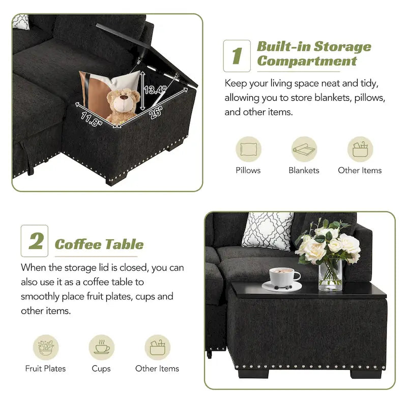 83.8 L-Shaped 4-Seat Sectional Sofa with Pull-Out Bed, Storage Chaise, USB Ports, Power Sockets, and Cup Holders-6