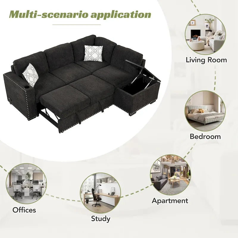83.8 L-Shaped 4-Seat Sectional Sofa with Pull-Out Bed, Storage Chaise, USB Ports, Power Sockets, and Cup Holders-8
