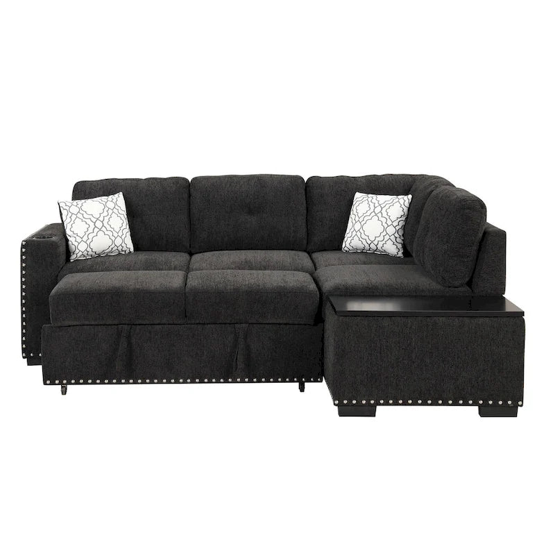 83.8 L-Shaped 4-Seat Sectional Sofa with Pull-Out Bed, Storage Chaise, USB Ports, Power Sockets, and Cup Holders-11