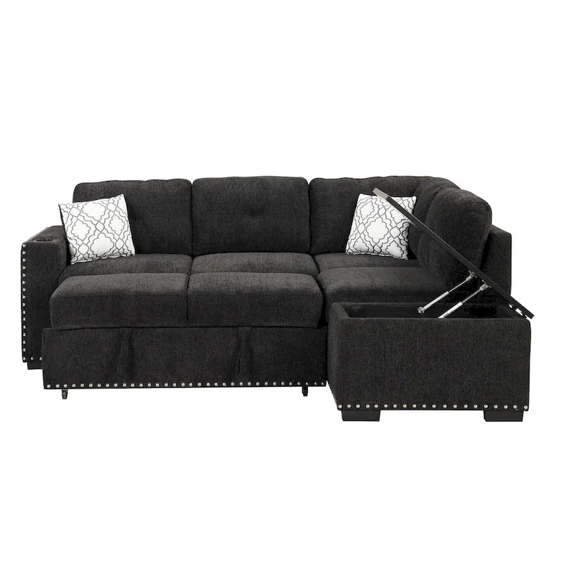 83.8 L-Shaped 4-Seat Sectional Sofa with Pull-Out Bed, Storage Chaise, USB Ports, Power Sockets, and Cup Holders-12