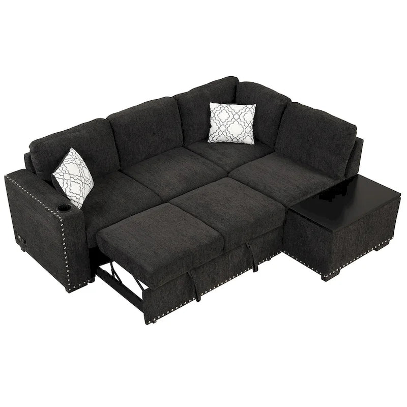 83.8 L-Shaped 4-Seat Sectional Sofa with Pull-Out Bed, Storage Chaise, USB Ports, Power Sockets, and Cup Holders-15