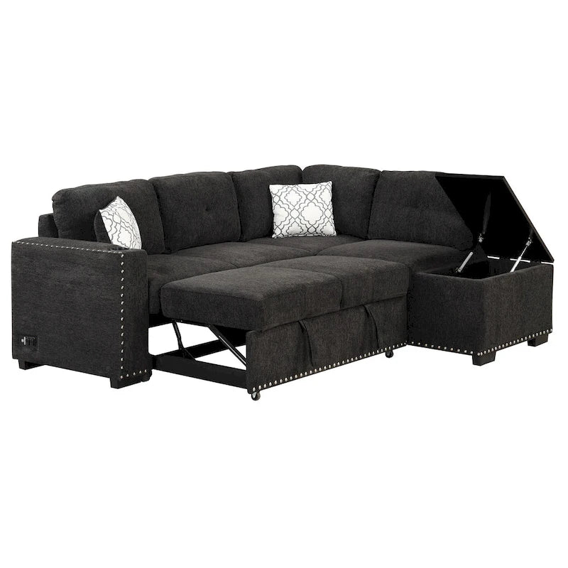 83.8 L-Shaped 4-Seat Sectional Sofa with Pull-Out Bed, Storage Chaise, USB Ports, Power Sockets, and Cup Holders-16