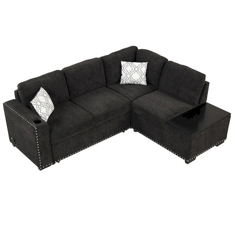 83.8 L-Shaped 4-Seat Sectional Sofa with Pull-Out Bed, Storage Chaise, USB Ports, Power Sockets, and Cup Holders-17