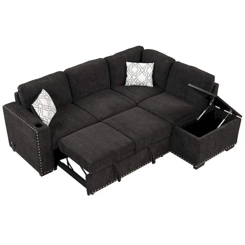 83.8 L-Shaped 4-Seat Sectional Sofa with Pull-Out Bed, Storage Chaise, USB Ports, Power Sockets, and Cup Holders-18