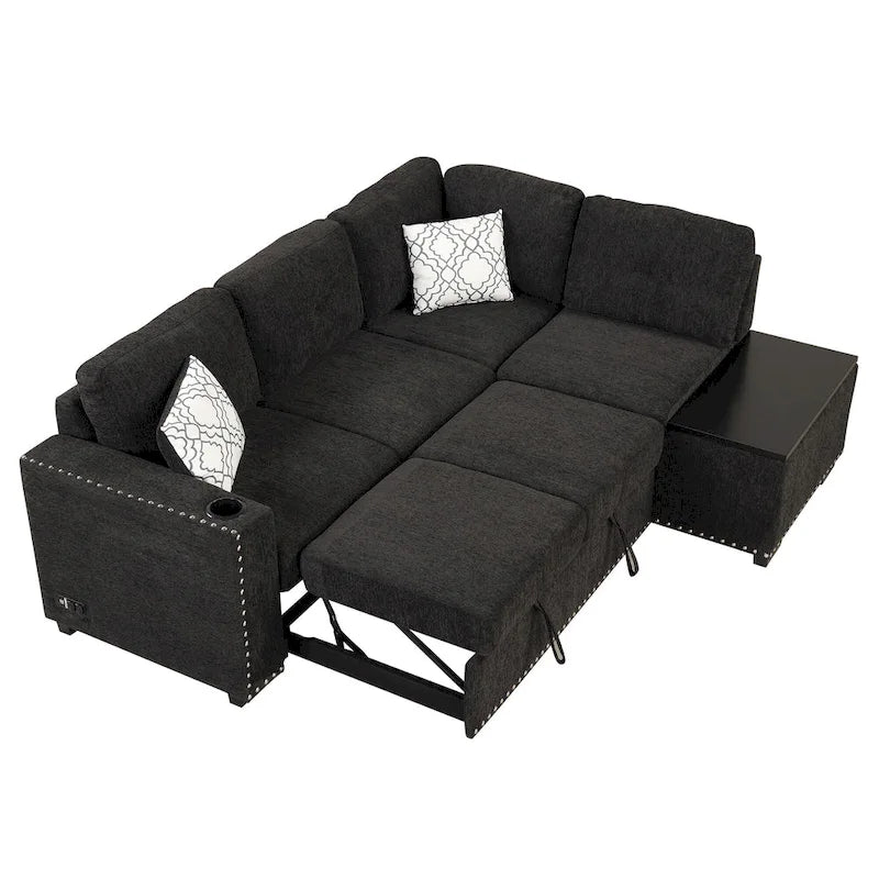 83.8 L-Shaped 4-Seat Sectional Sofa with Pull-Out Bed, Storage Chaise, USB Ports, Power Sockets, and Cup Holders-20