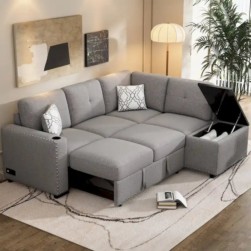 83.8 L-Shaped 4-Seat Sectional Sofa with Pull-Out Bed, Storage Chaise, USB Ports, Power Sockets, and Cup Holders-22