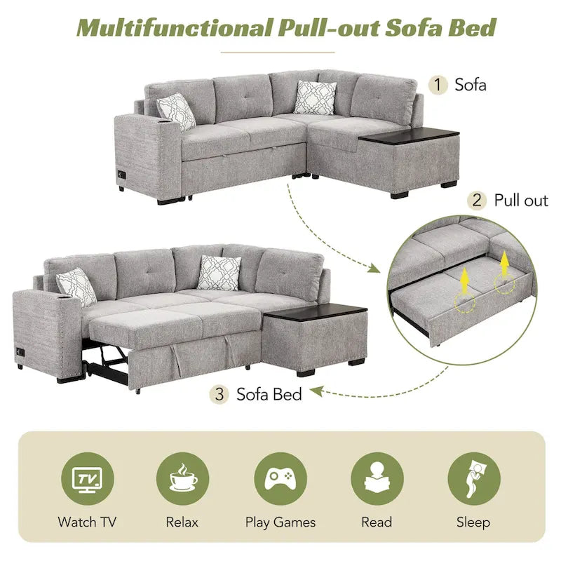 83.8 L-Shaped 4-Seat Sectional Sofa with Pull-Out Bed, Storage Chaise, USB Ports, Power Sockets, and Cup Holders-23