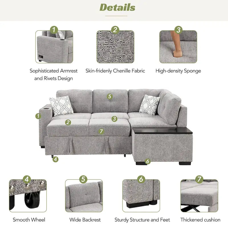 83.8 L-Shaped 4-Seat Sectional Sofa with Pull-Out Bed, Storage Chaise, USB Ports, Power Sockets, and Cup Holders-24