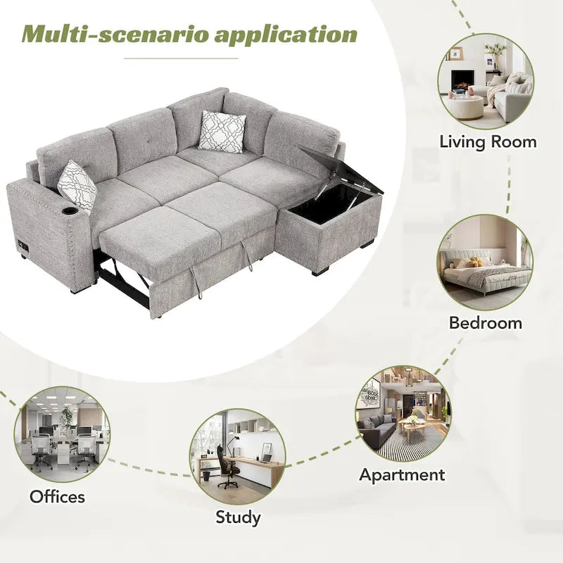 83.8 L-Shaped 4-Seat Sectional Sofa with Pull-Out Bed, Storage Chaise, USB Ports, Power Sockets, and Cup Holders-27