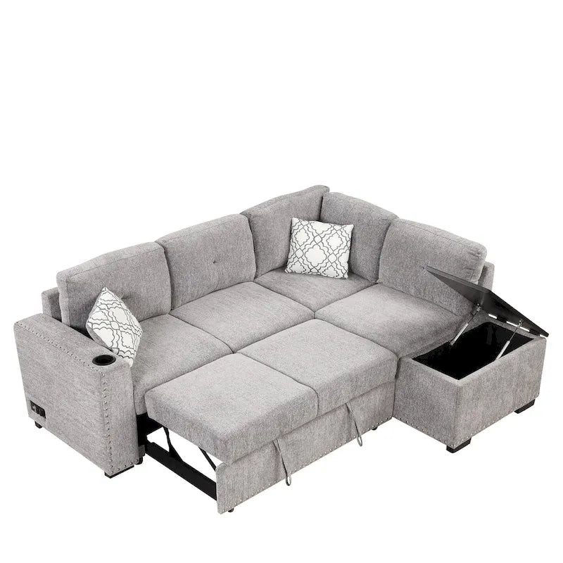 83.8 L-Shaped 4-Seat Sectional Sofa with Pull-Out Bed, Storage Chaise, USB Ports, Power Sockets, and Cup Holders-34