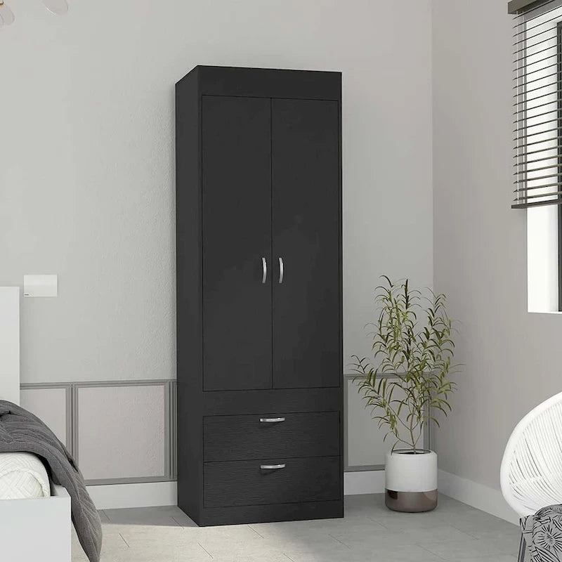 18.9 Modern Double-door Armoire with Two Bottom Drawers and Hanging Rod for Bedroom
