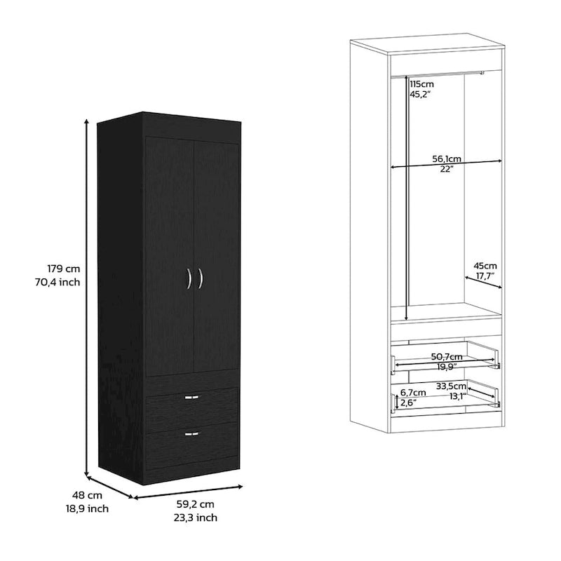 18.9 Modern Double-door Armoire with Two Bottom Drawers and Hanging Rod for Bedroom-3