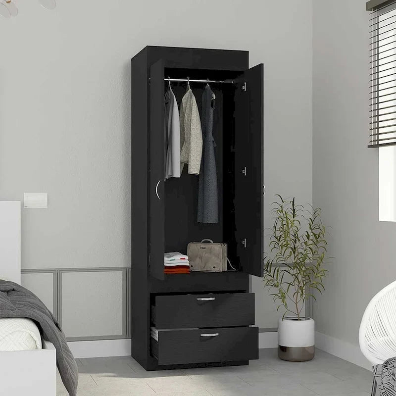 18.9 Modern Double-door Armoire with Two Bottom Drawers and Hanging Rod for Bedroom-7