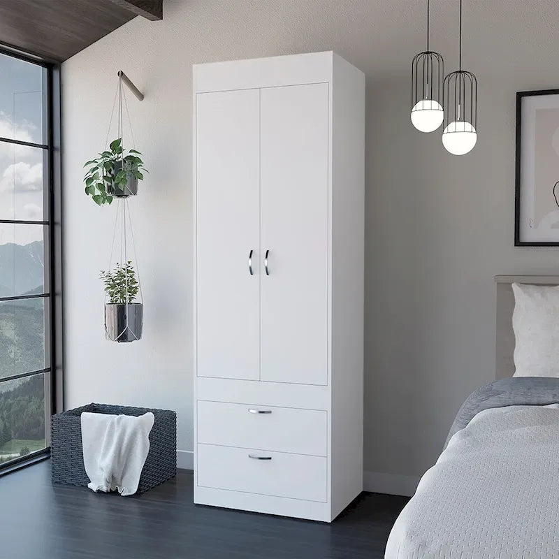 18.9 Modern Double-door Armoire with Two Bottom Drawers and Hanging Rod for Bedroom-8