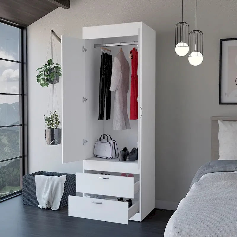18.9 Modern Double-door Armoire with Two Bottom Drawers and Hanging Rod for Bedroom-11