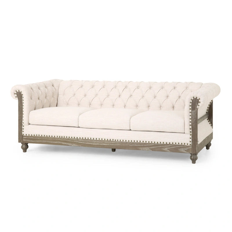 Beige Chesterfield Button Tufted 3-seater Sofa with Wood Legs-2