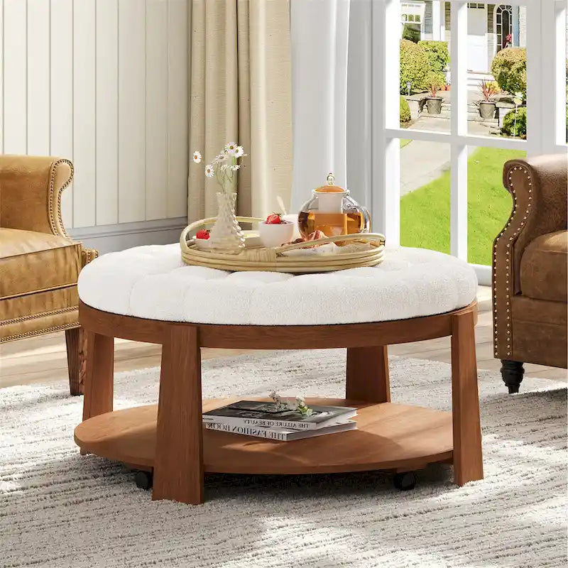 36 Round Button Tufted Upholstered Coffee Table with Wood Shelf and Wheel-3