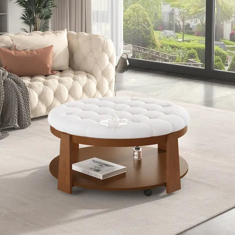 36 Round Button Tufted Upholstered Coffee Table with Wood Shelf and Wheel-5