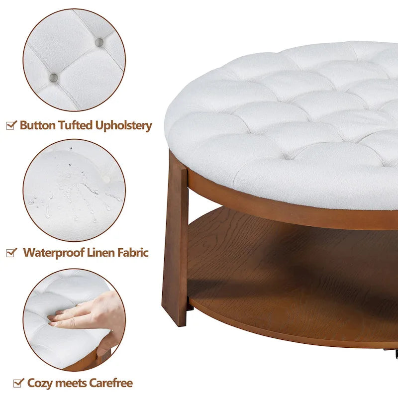 36 Round Button Tufted Upholstered Coffee Table with Wood Shelf and Wheel-7