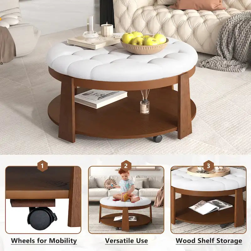 36 Round Button Tufted Upholstered Coffee Table with Wood Shelf and Wheel-8