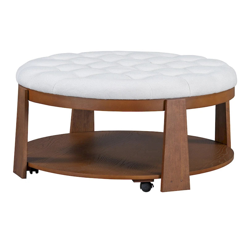 36 Round Button Tufted Upholstered Coffee Table with Wood Shelf and Wheel-14