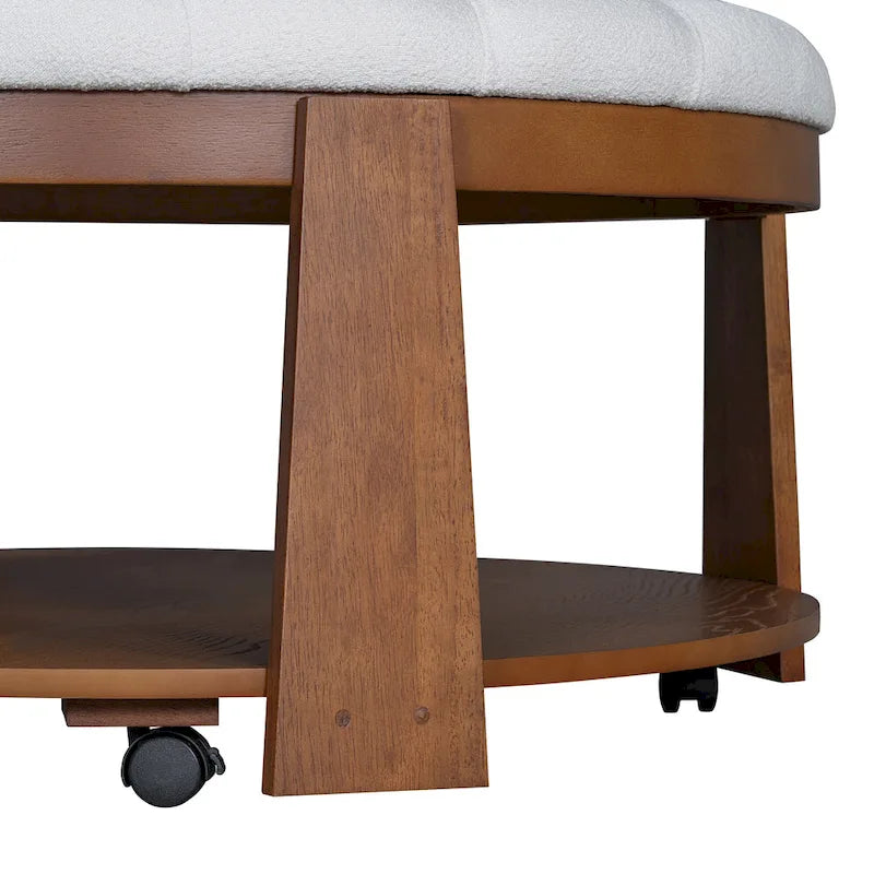 36 Round Button Tufted Upholstered Coffee Table with Wood Shelf and Wheel-16