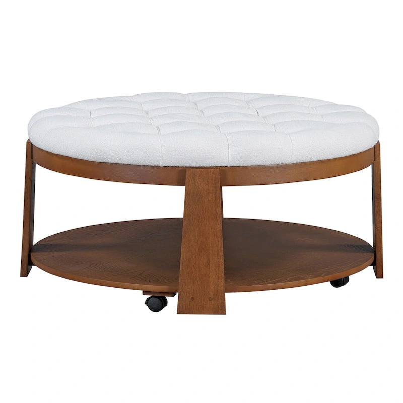 36 Round Button Tufted Upholstered Coffee Table with Wood Shelf and Wheel-17