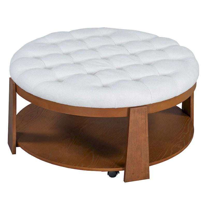 36 Round Button Tufted Upholstered Coffee Table with Wood Shelf and Wheel-18