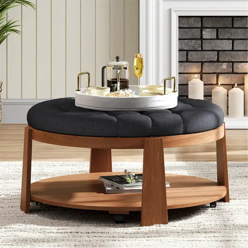 36 Round Button Tufted Upholstered Coffee Table with Wood Shelf and Wheel-19