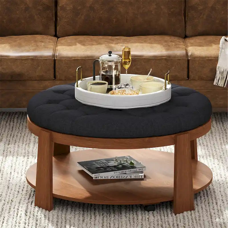 36 Round Button Tufted Upholstered Coffee Table with Wood Shelf and Wheel-20