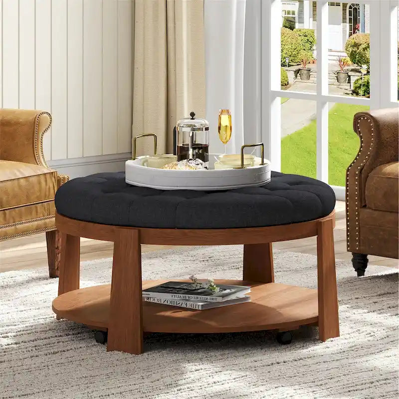 36 Round Button Tufted Upholstered Coffee Table with Wood Shelf and Wheel-21