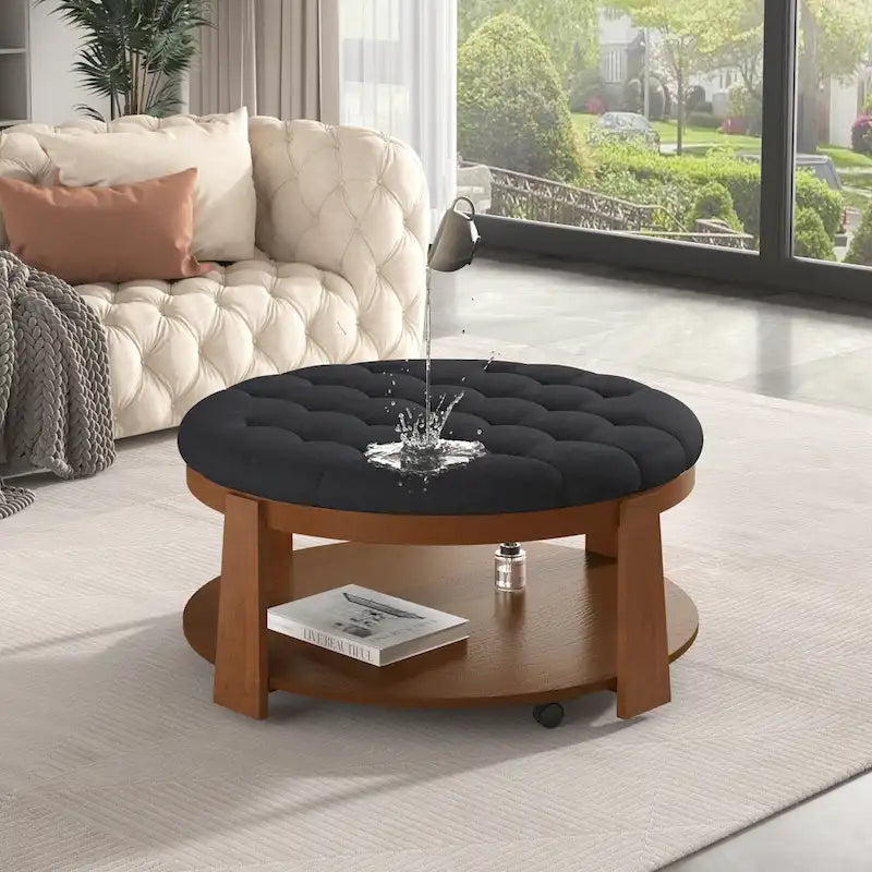 36 Round Button Tufted Upholstered Coffee Table with Wood Shelf and Wheel-23